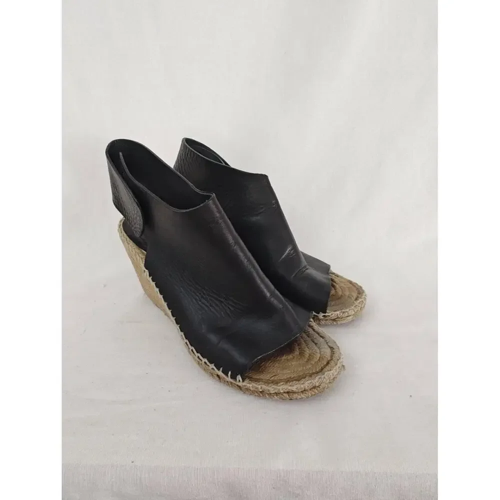 Celine Phoebe Philo Wedge Black Leather Espadrille‎ Sandals EU 38 7.5 *Flaw